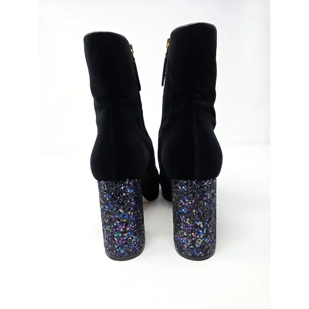 Gucci Platform Soko Bee GG Logo Ankle Boots Black Velvet Square Toe 40.5 10.5